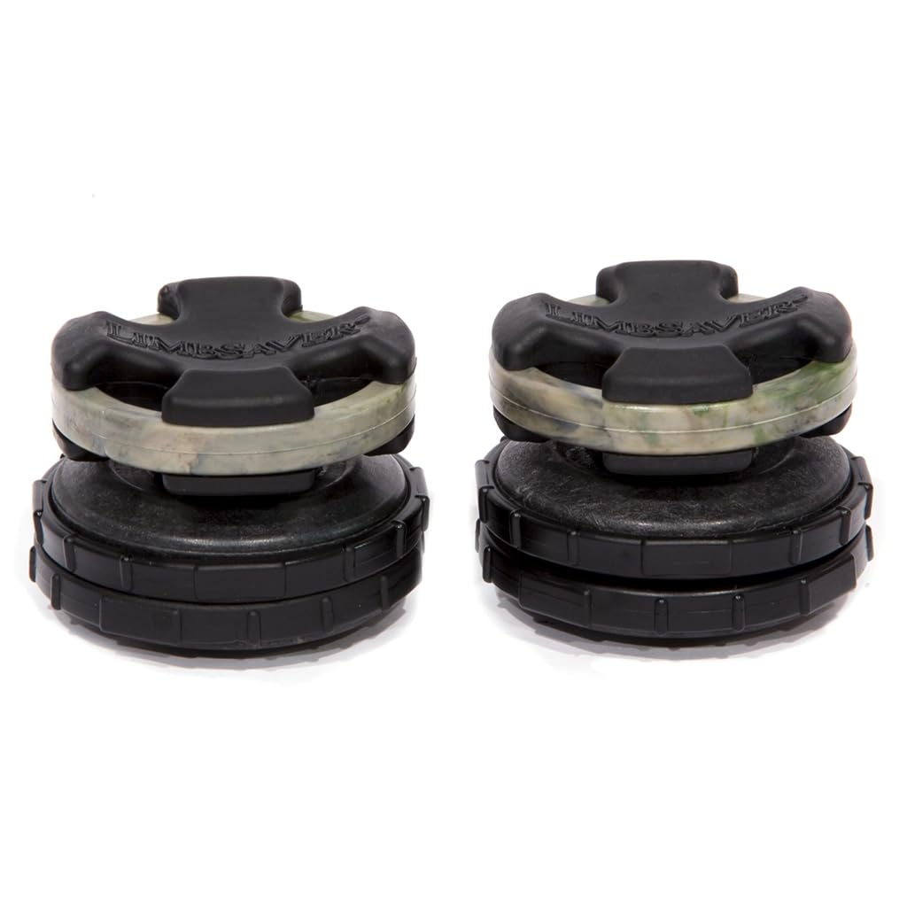 LimbSaver broadband dampener on camouflage split-limb bow reduces vibration for quieter shots.