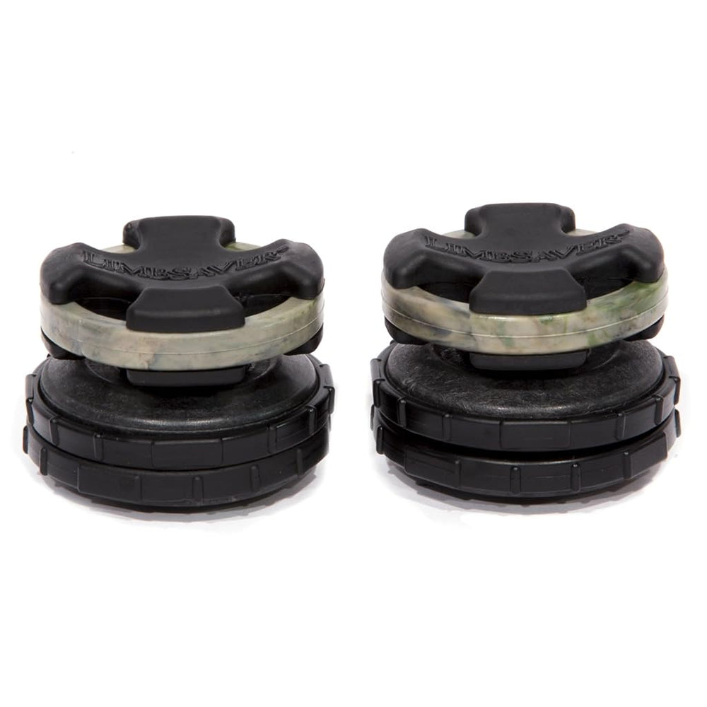 LimbSaver broadband dampener on camouflage split-limb bow reduces vibration for quieter shots.