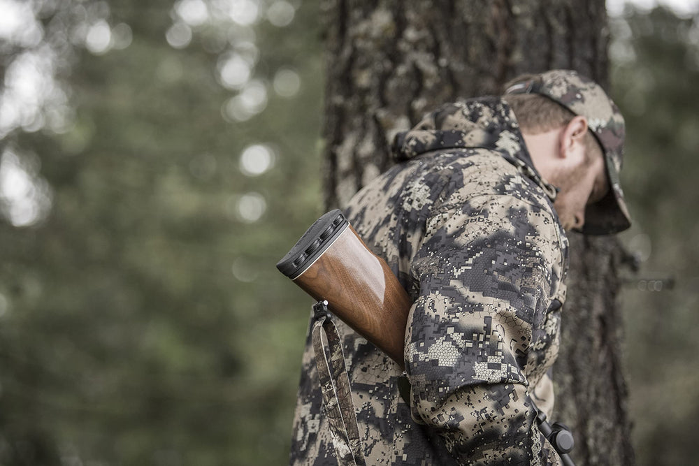 LimbSaver recoil pad on wood stock angled view shows proper alignment and fit.