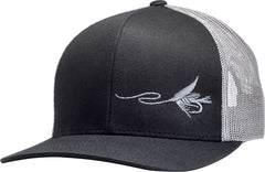 LINDO Trucker Hat fly fishing on riverbank, black graphite, breathable mesh for comfort.