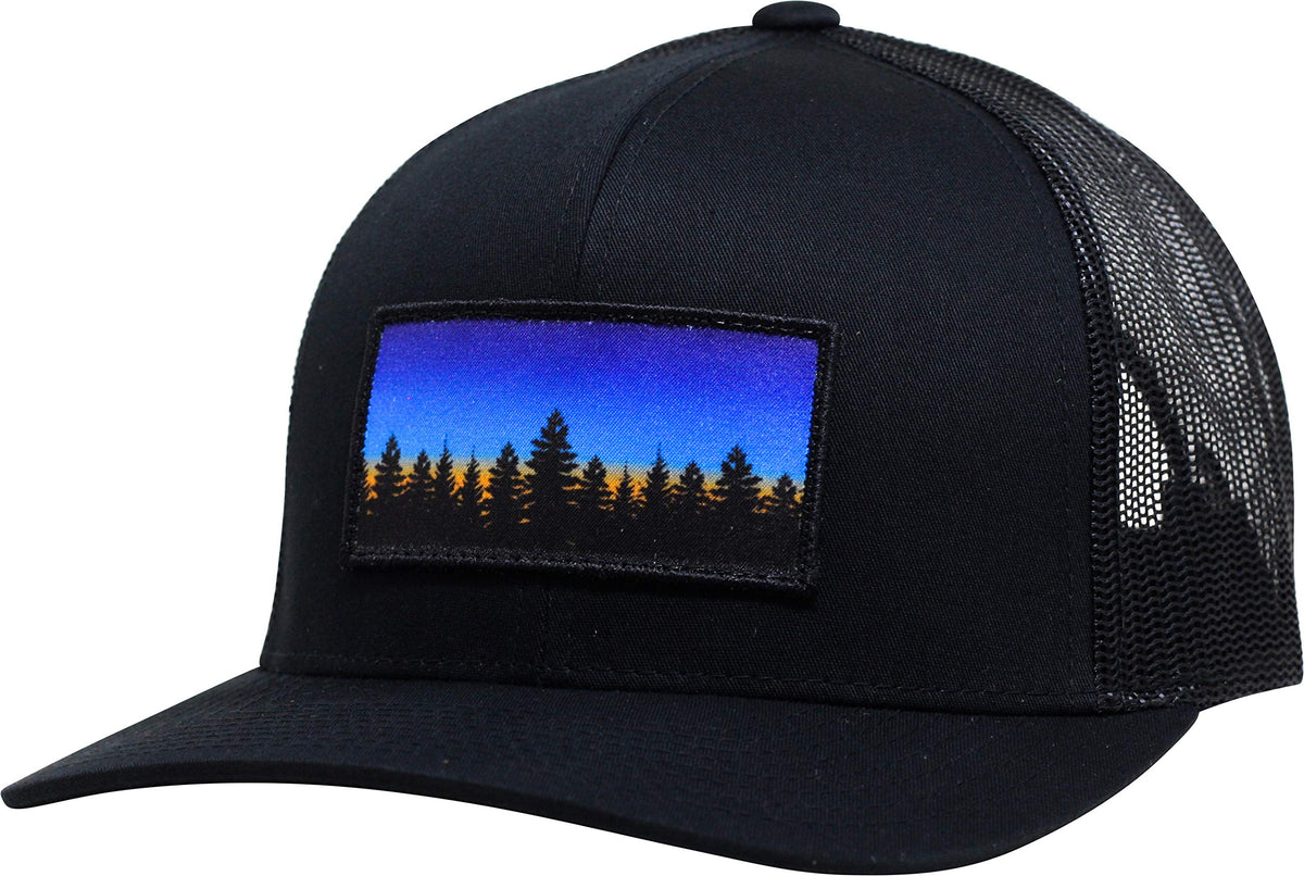 LINDO Trucker Hat Tree Line Sunset Black - front view