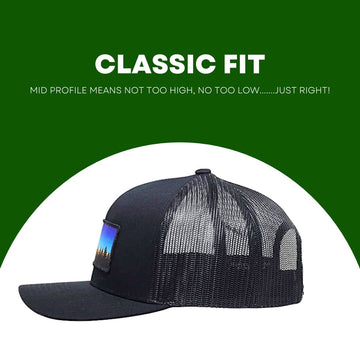 LINDO Trucker Hat Tree Line Sunset Black - back view with snapback closure
