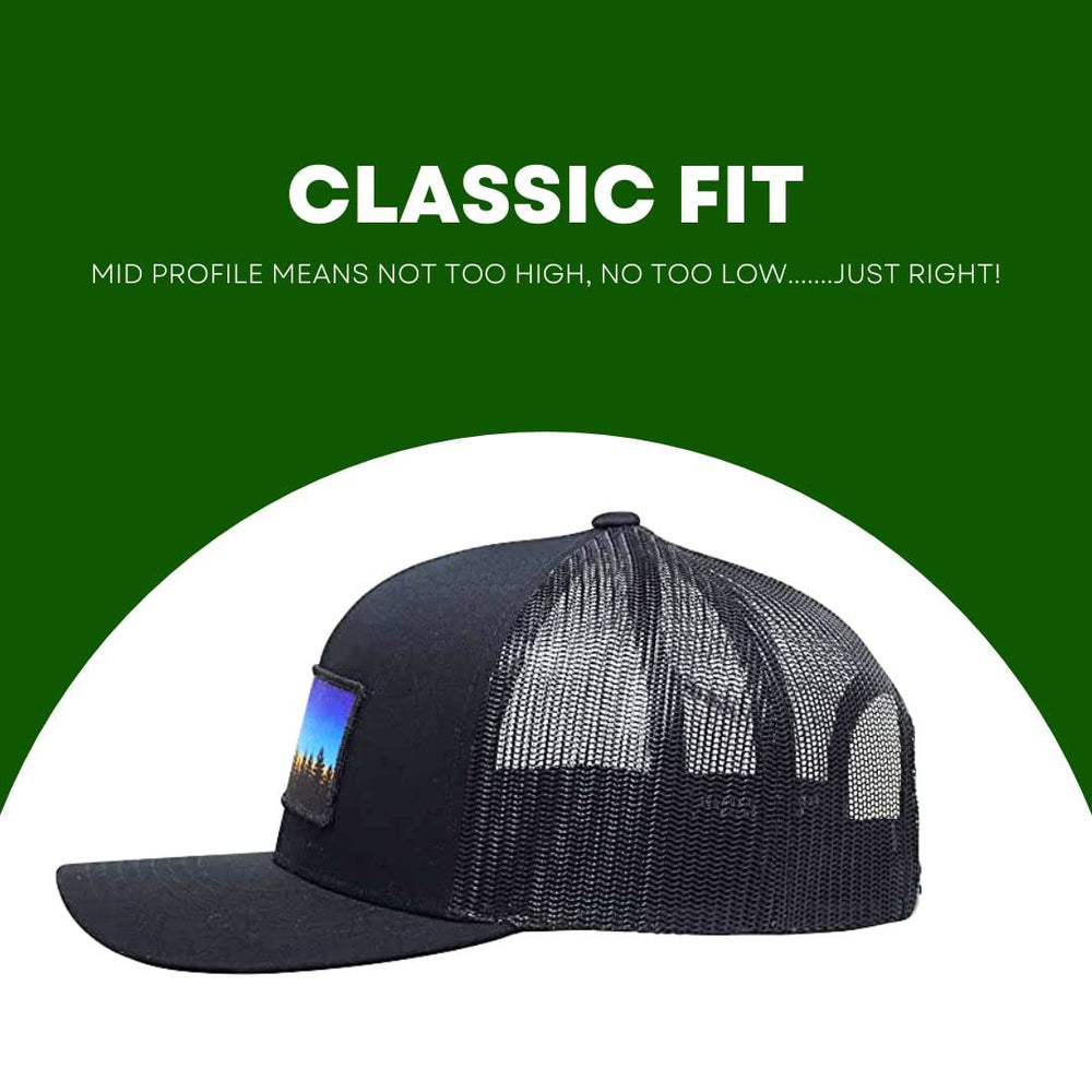 LINDO Trucker Hat Tree Line Sunset Black - back view with snapback closure