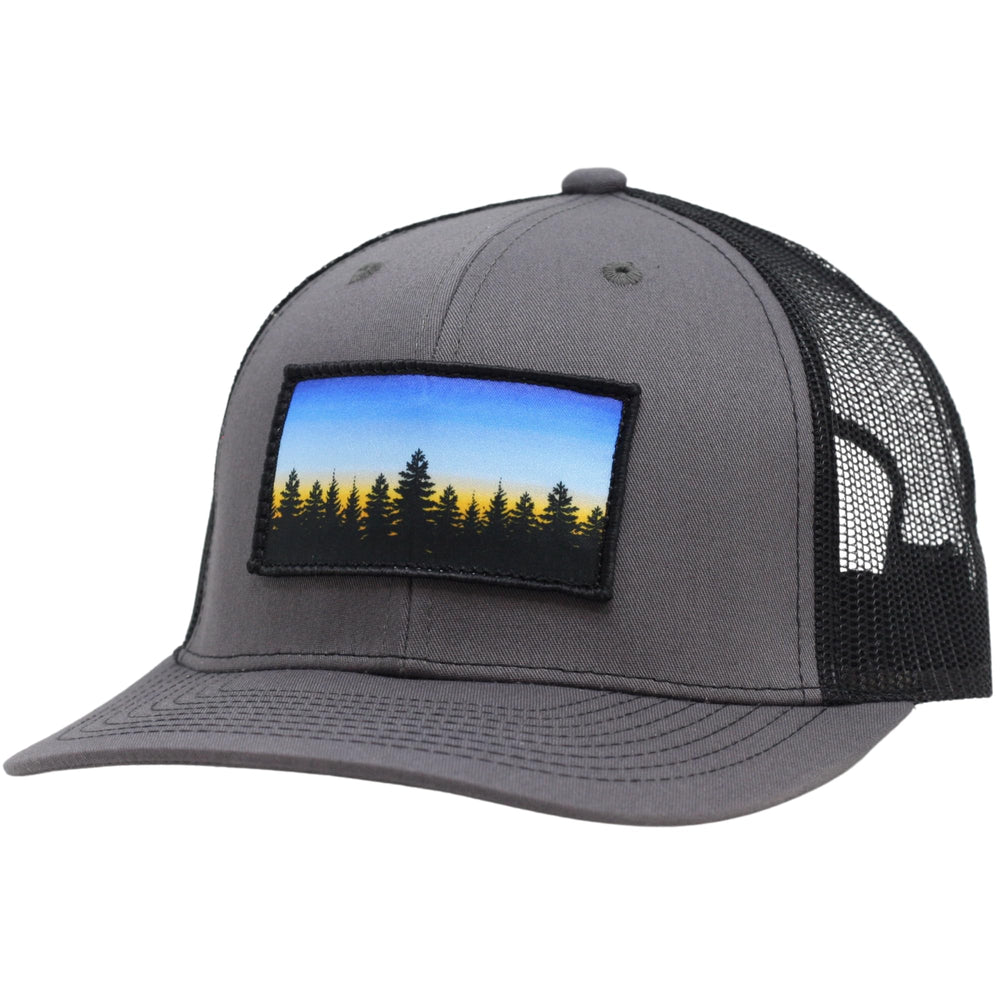 LINDO Trucker Hat Tree Line Sunset Gray/Black front view