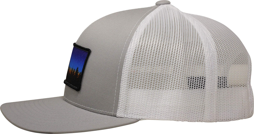 LINDO Trucker Hat Tree Line Sunset Silver White - side view