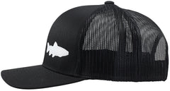 LINDO Trucker Hat Trout Fishing 2.0 Black, side view, versatile outdoor accessory.