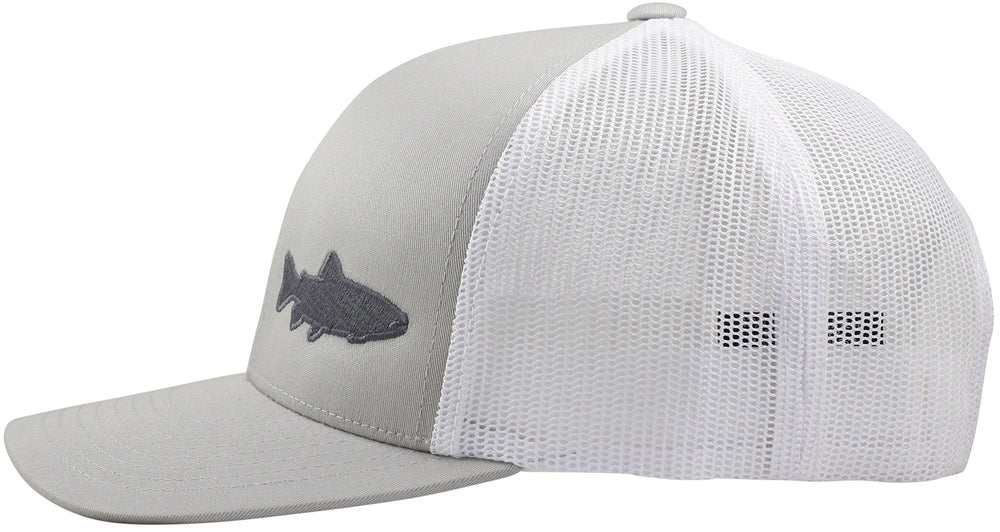 LINDO Trucker Hat Trout Fishing 2.0 back view shows branding-free design and breathable mesh.