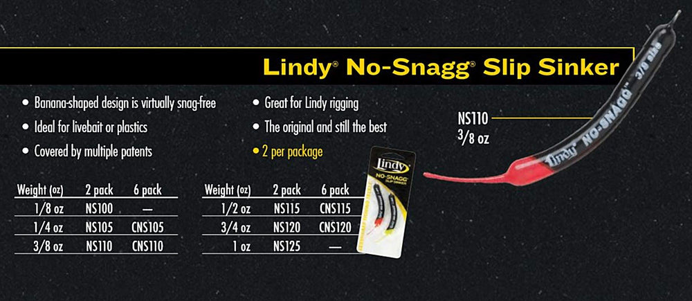 Lindy No-Snagg Slip Sinker enables snag-free glide for easy rigging and precise depth control.