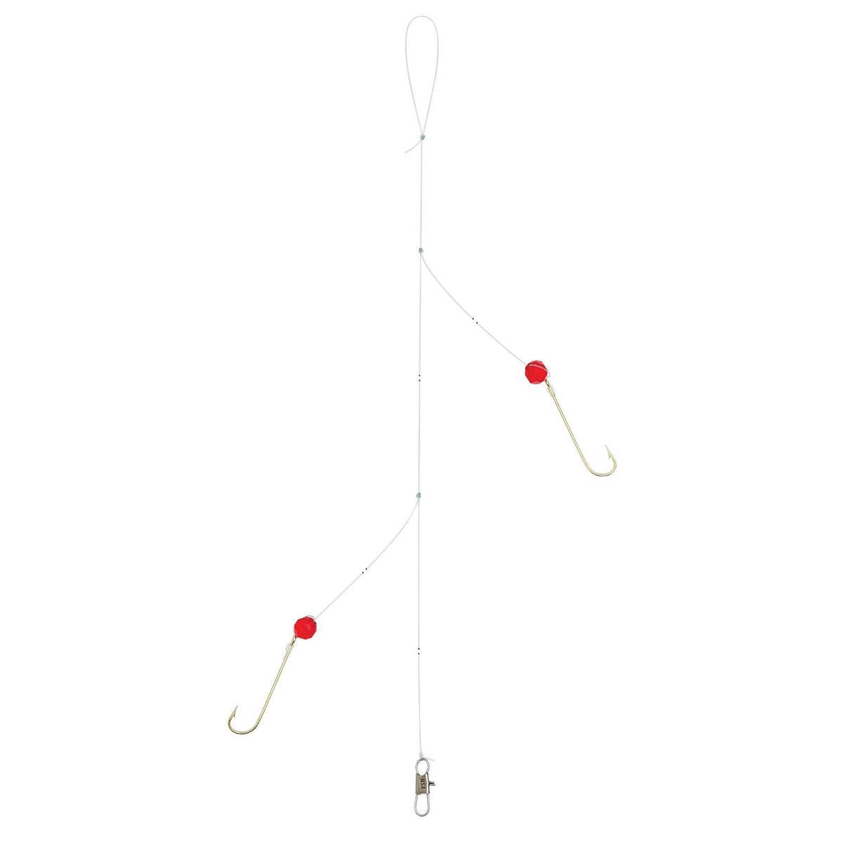 Lindy Old Guide's Secret Perch Rig Ruby Red close-up of hooks and beads for better bait attraction
