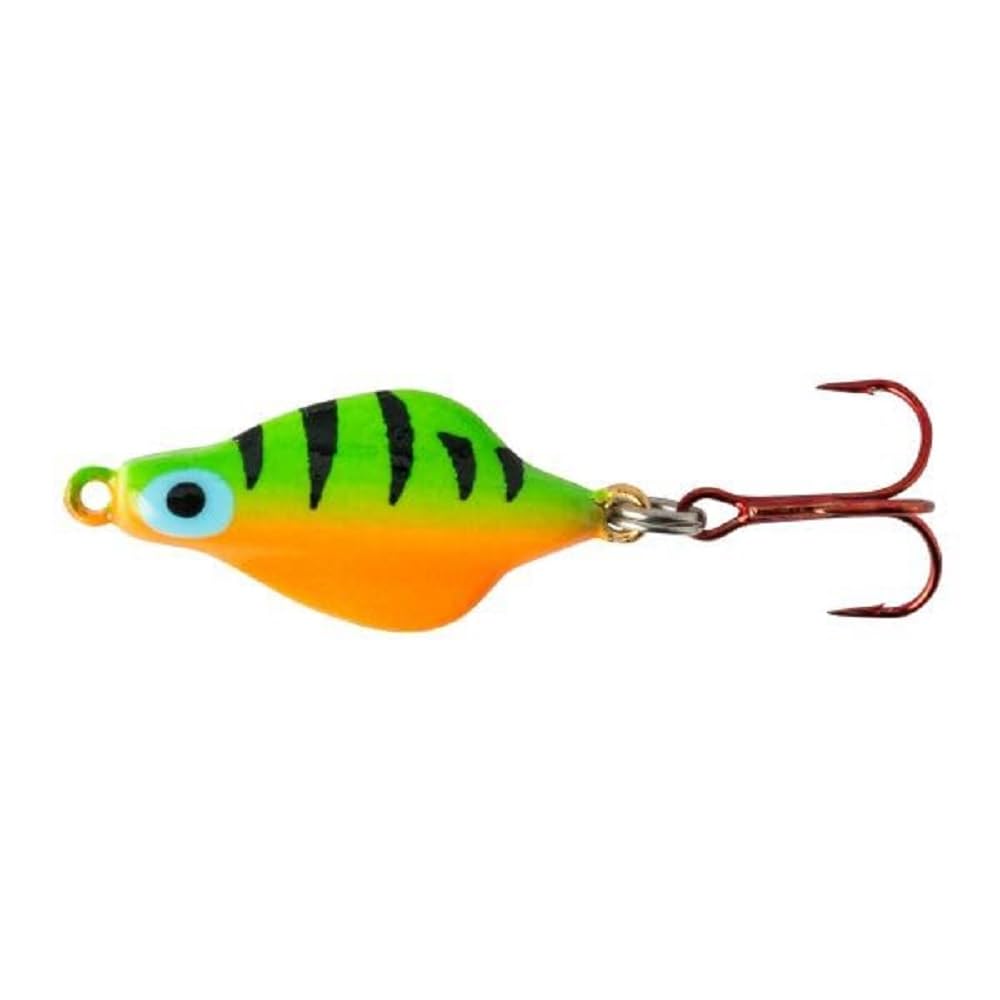 Lindy Rattl'n Flyer Spoon Fire Tiger Glow with erratic jigging action for ice fishing