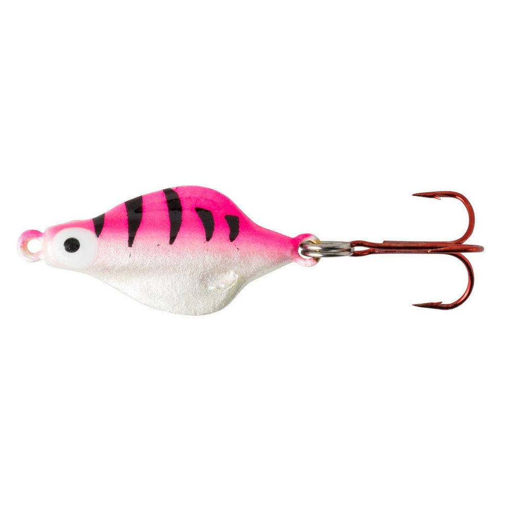 Lindy Rattl'n Flyer Spoon Pink Tiger Glow for ice fishing with rattling sound and lifelike pattern