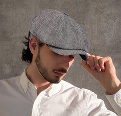 Casual outfit with linen newsboy flat cap