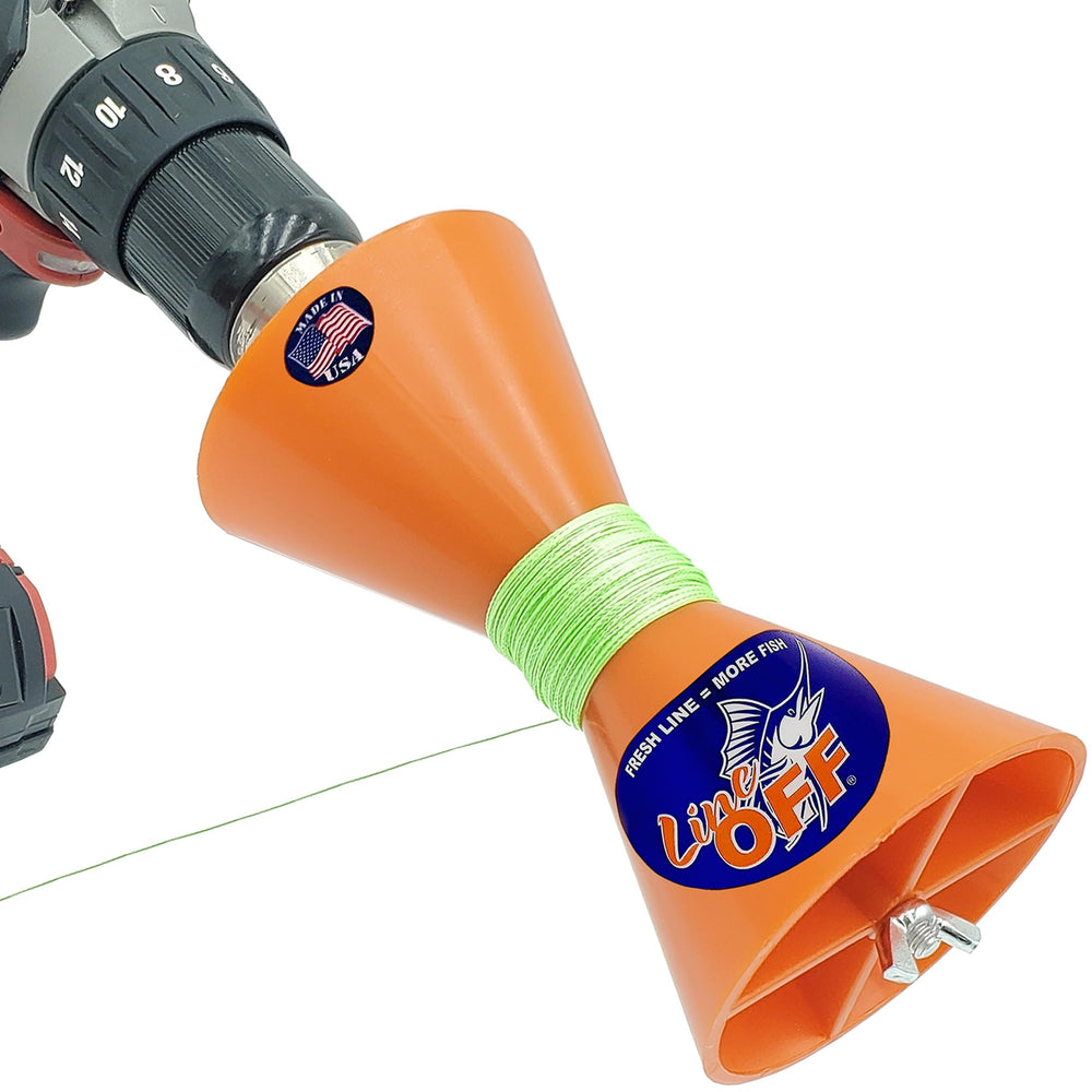 LineOFF line stripper orange attachment enables quick reel despooling on the bench.