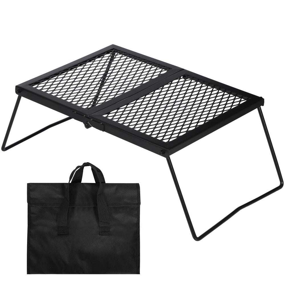 Lineslife 17-inch folding campfire grill over fire pit for outdoor cooking.