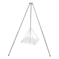 Lineslife campfire tripod grill-stand provides stable cooking on uneven ground