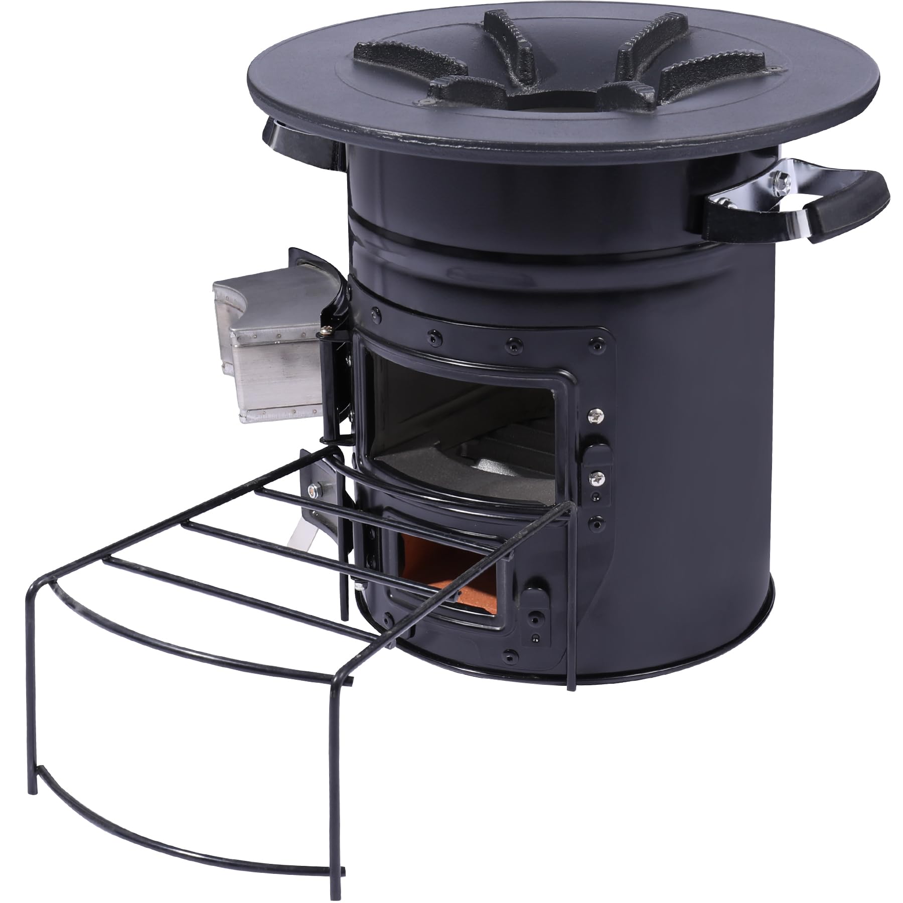 Lineslife rocket stove front view showcases durable outdoor cooking setup for camping.
