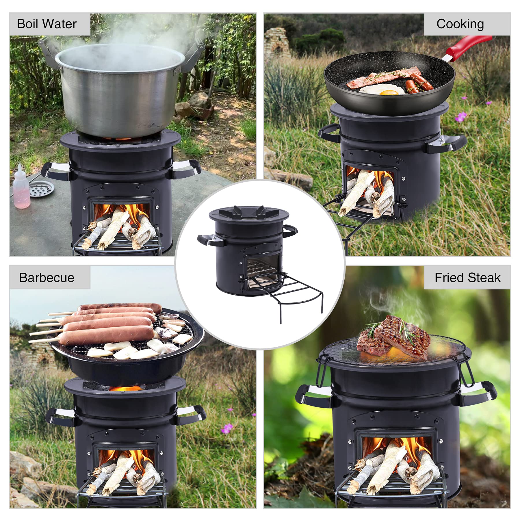 Lineslife rocket stove top shows multi-use cooking surface for pots and pans