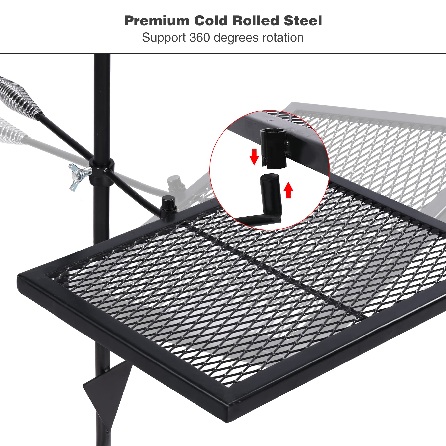 Lineslife Swivel Campfire Grill Grate with carrying bag illustrates portable setup and storage.