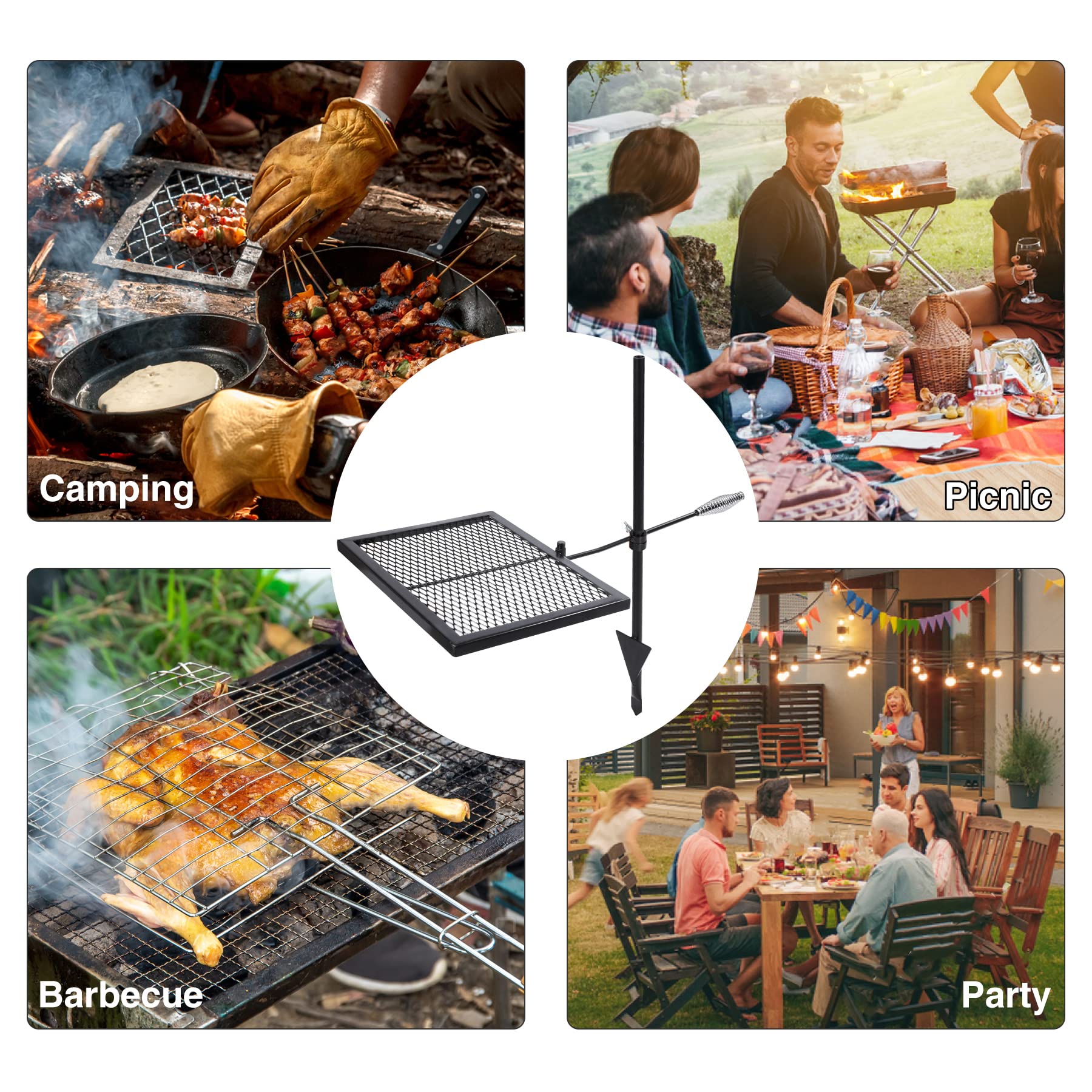 Lineslife Swivel Campfire Grill Grate over fire pit enables open-flame cooking with stability.