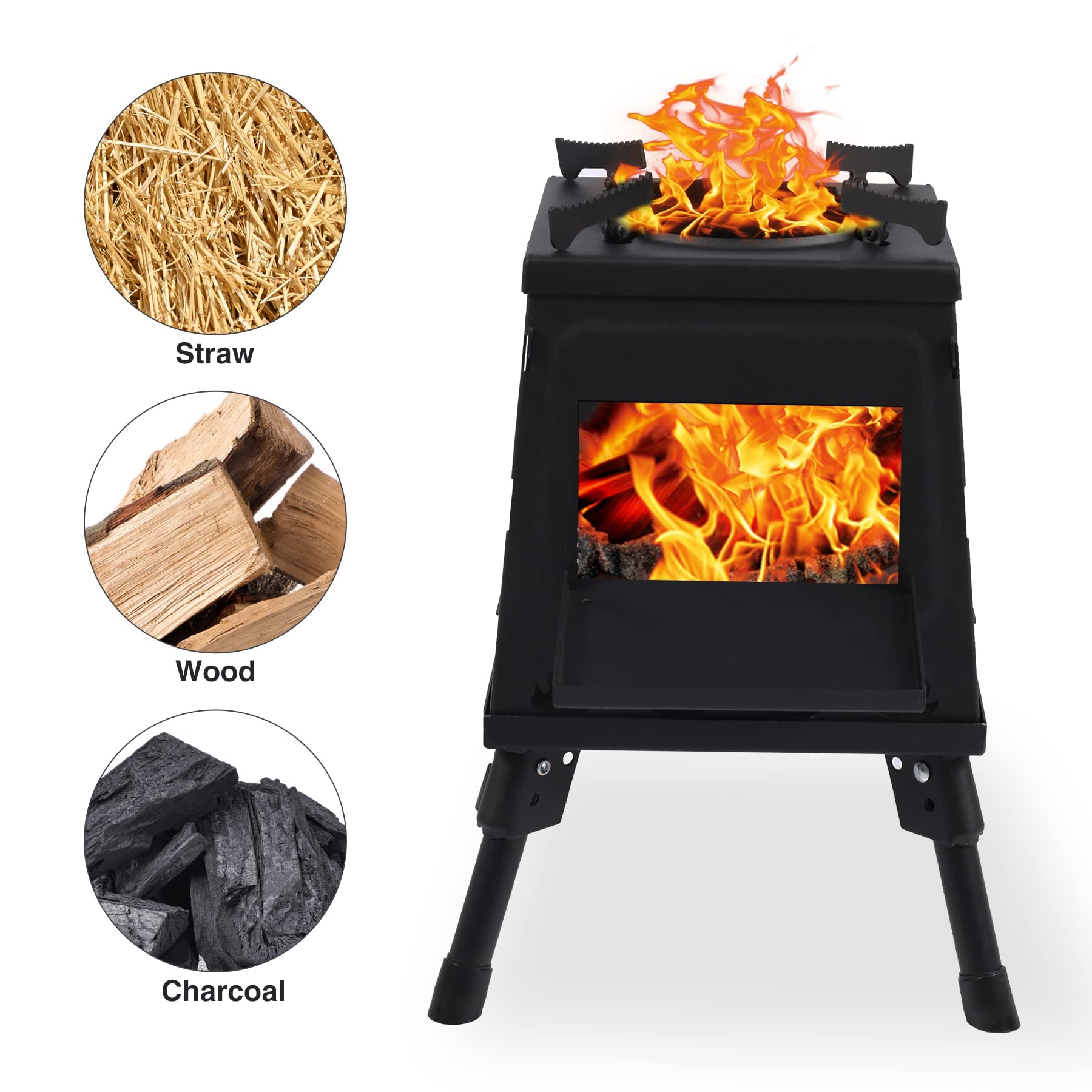 Lineslife wood-burning camp stove with adjustable pots for various cookware