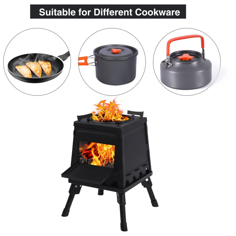 Lineslife wood-burning camp stove on table with cookware for cooking setup