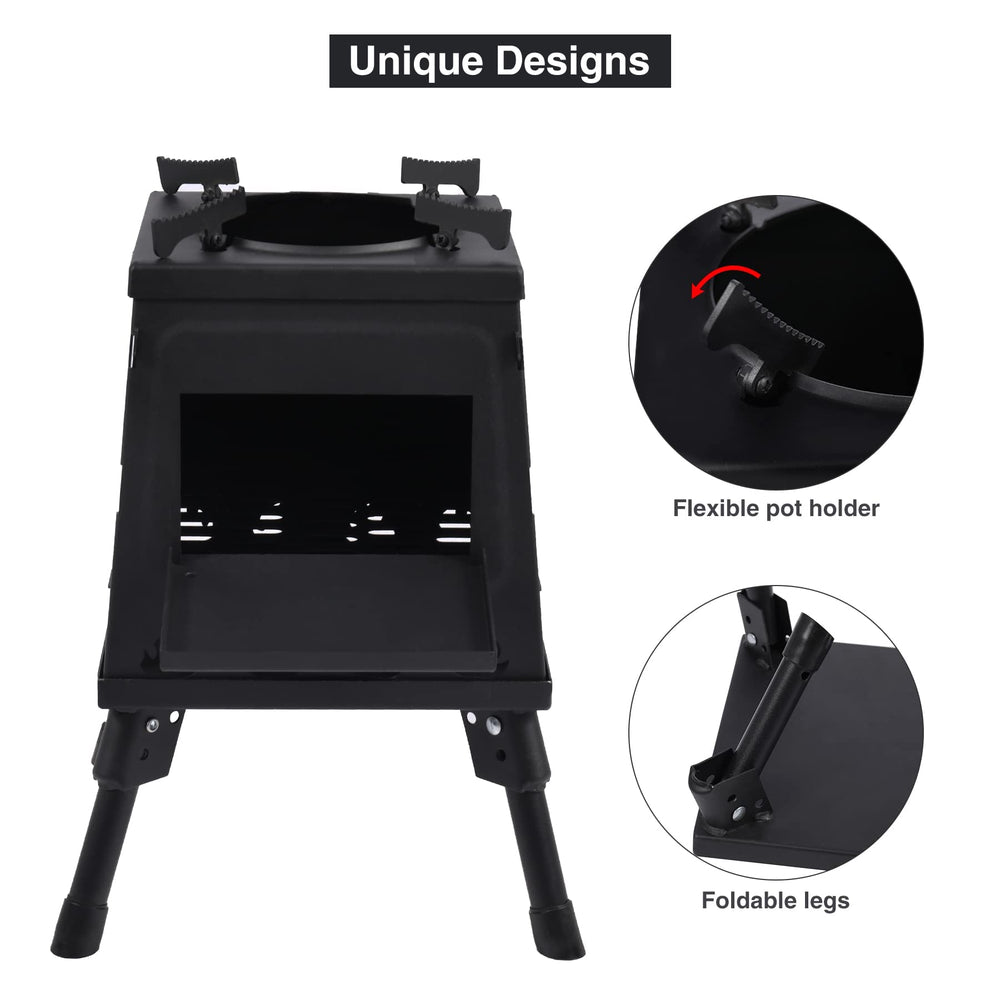Lineslife wood-burning camp stove folded in carrying case for easy transport
