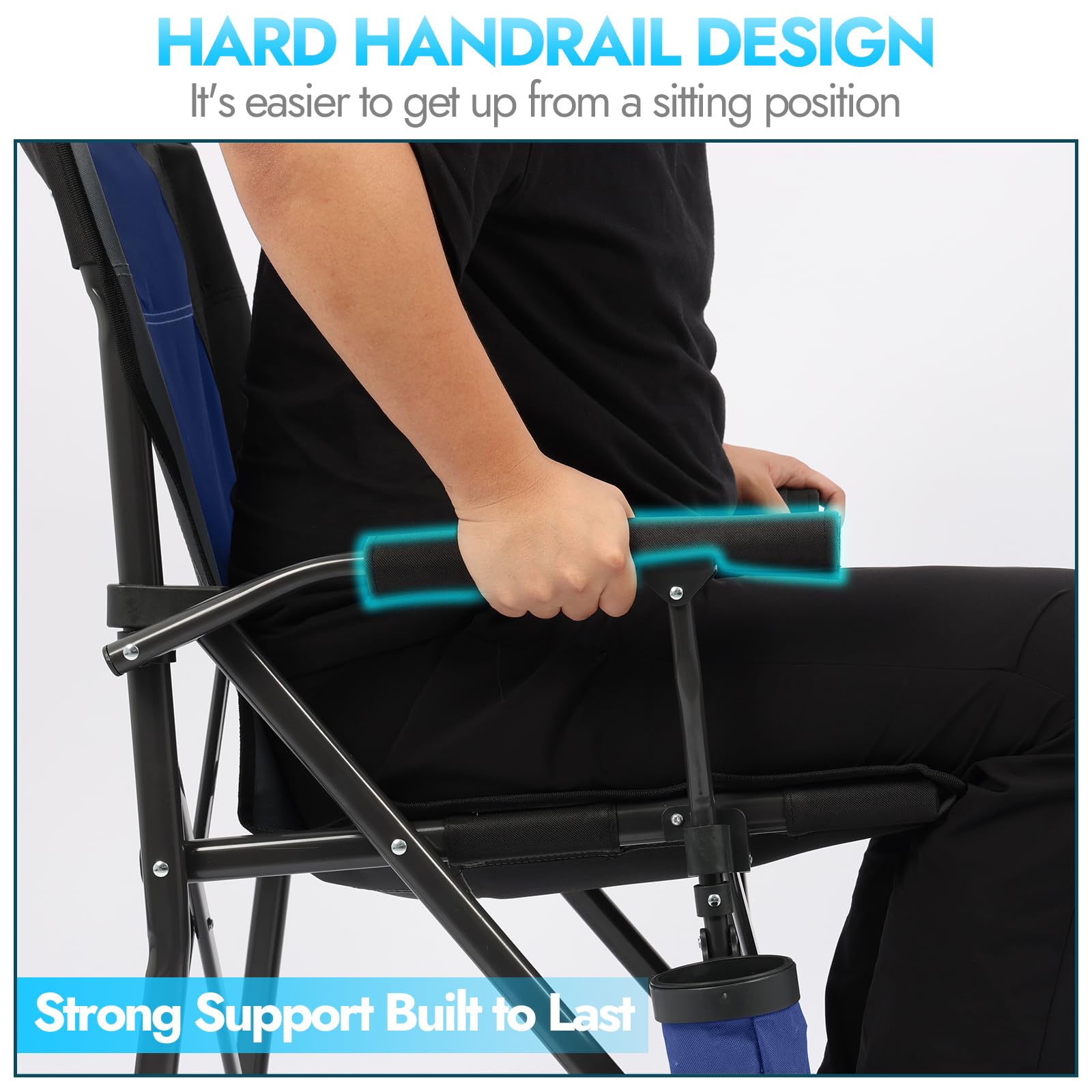 LING RONG chair with built-in cup holders and side pocket for beverages and essentials.