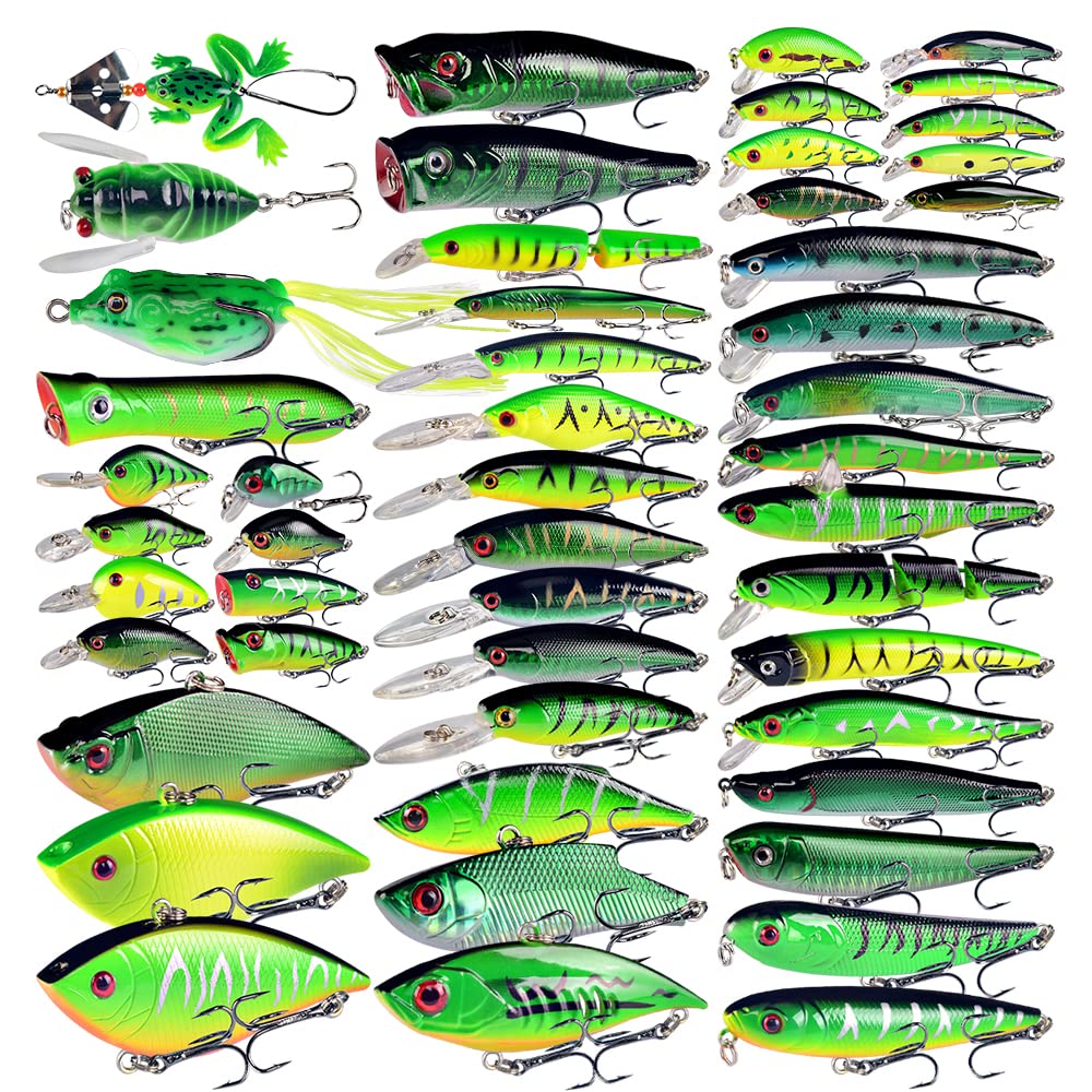 LINGYUE 50pcs bass lures set closeup with vivid colors for bass fishing.