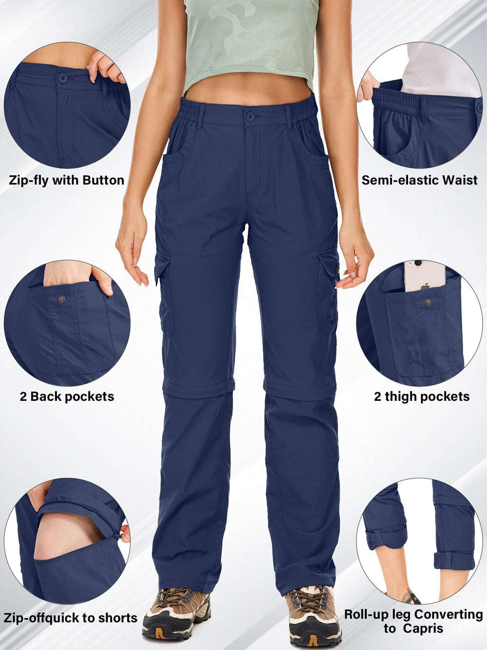 Linlon women's hiking pants navy cargo pockets highlighting practical storage on trails