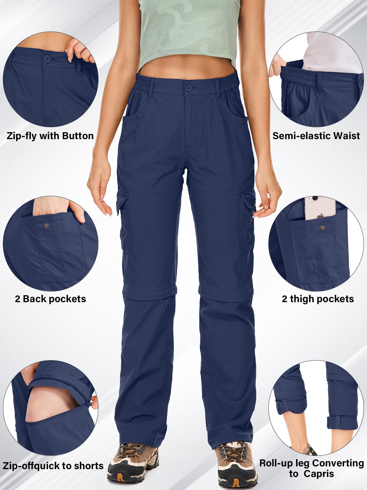 Linlon women's hiking pants navy cargo pockets highlighting practical storage on trails
