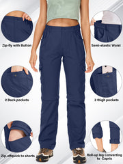 Linlon women's hiking pants navy cargo pockets highlighting practical storage on trails