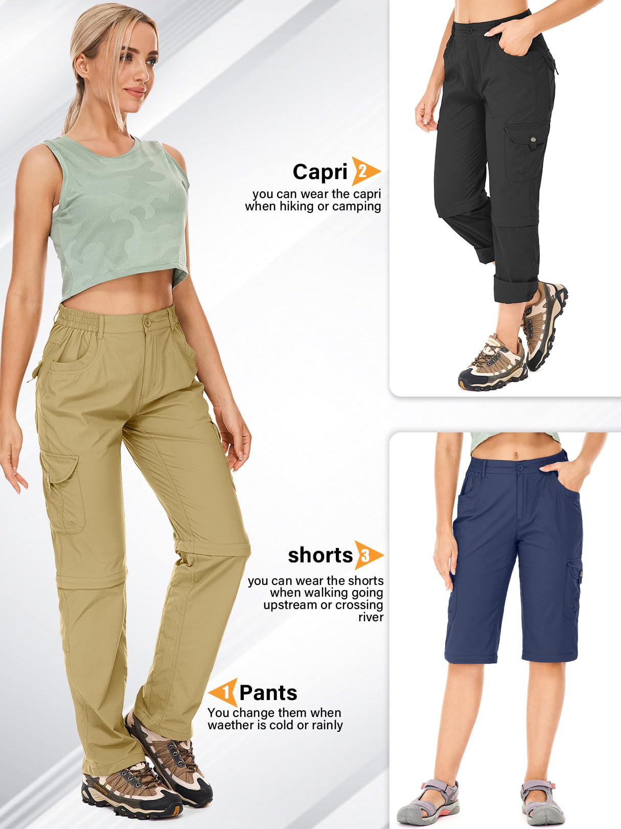 Linlon women's hiking pants navy in-use view showing rugged comfort on outdoor adventures