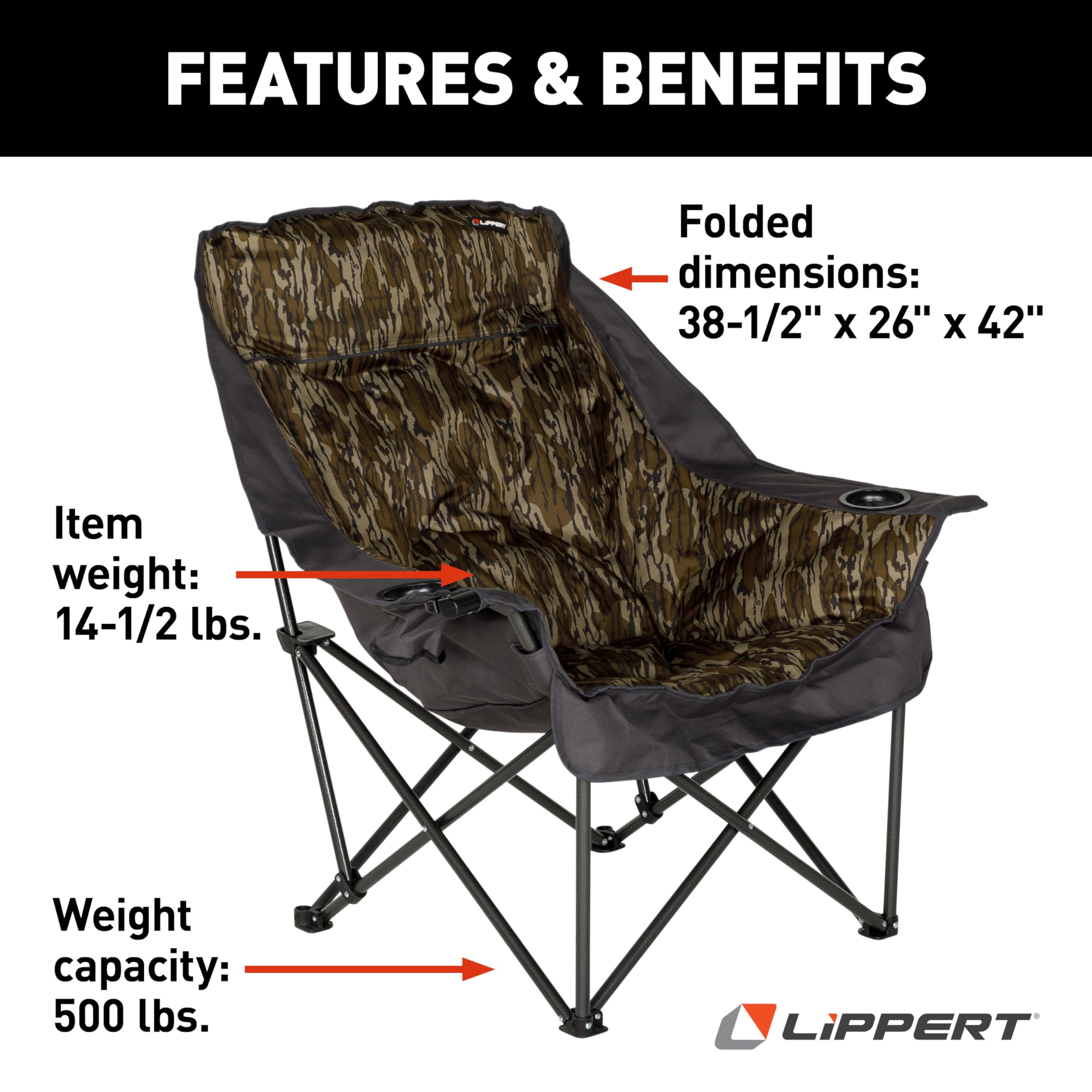 Lippert Big Bear Mossy Oak camo arm detail shows plush padding
