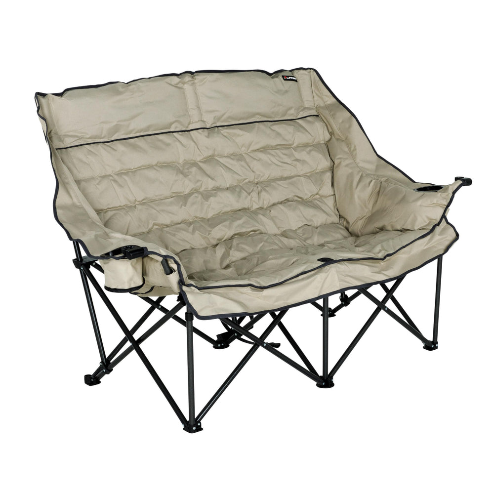 Lippert Big Bear sand folding loveseat extended for roomy outdoor lounging and comfort.
