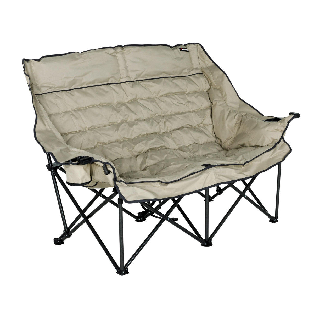 Lippert Big Bear sand folding loveseat extended for roomy outdoor lounging and comfort.
