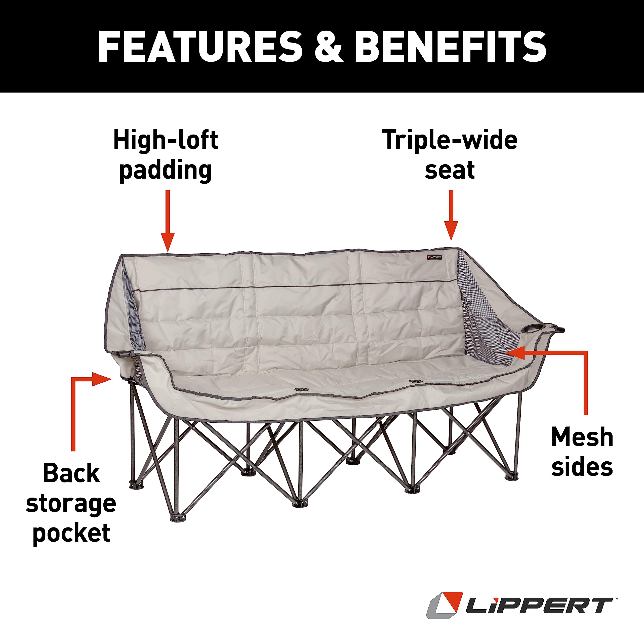 Lippert Campfire Couch steel frame provides sturdy support on uneven ground