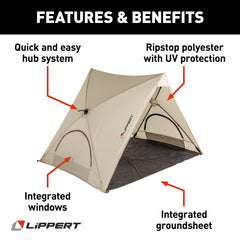 Lippert Picnic popup sun shelter providing shade at the beach with UPF 50+ protection.