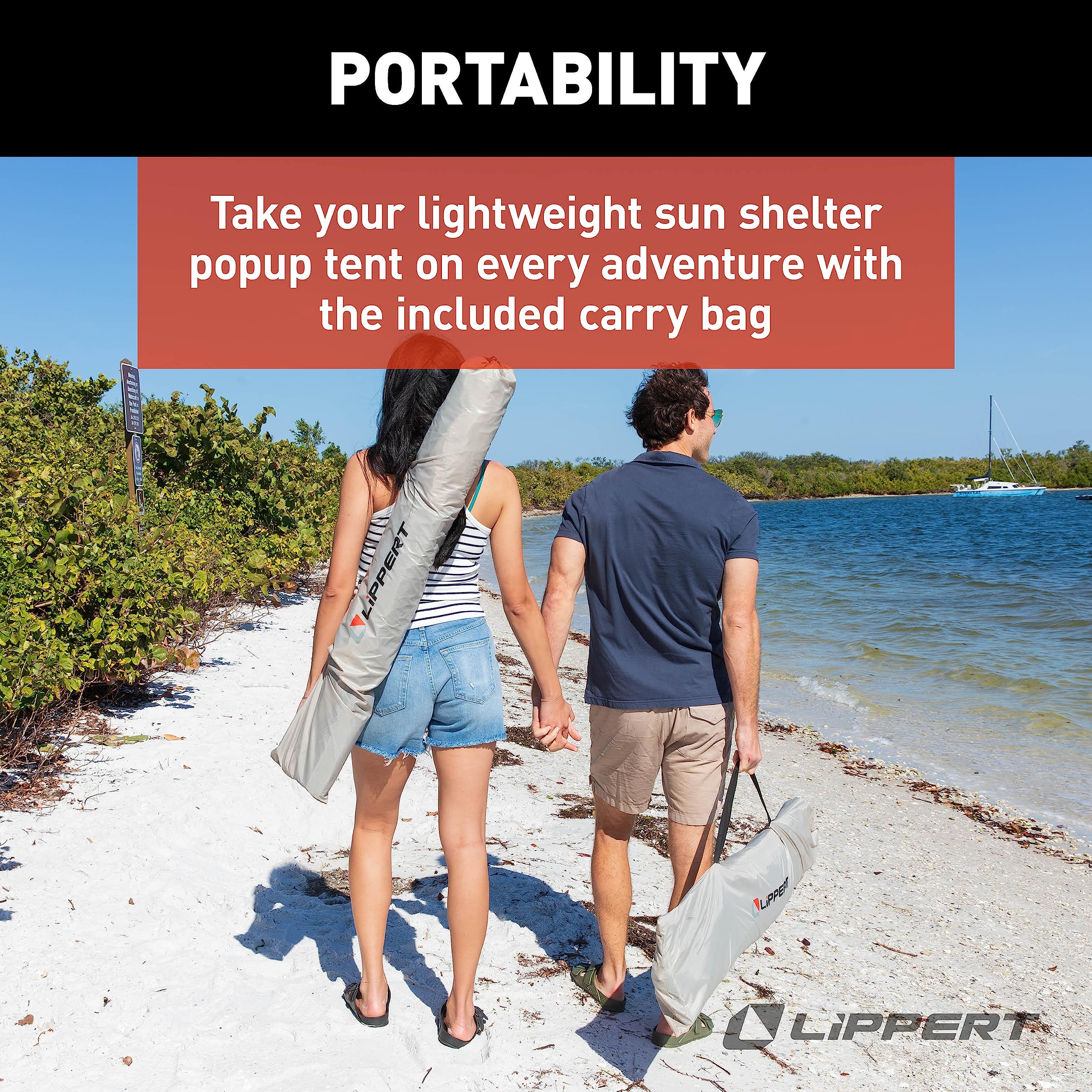 Lippert Picnic popup sun shelter folded compactly into its storage bag.