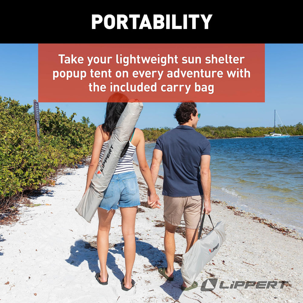 Lippert Picnic popup sun shelter folded compactly into its storage bag.