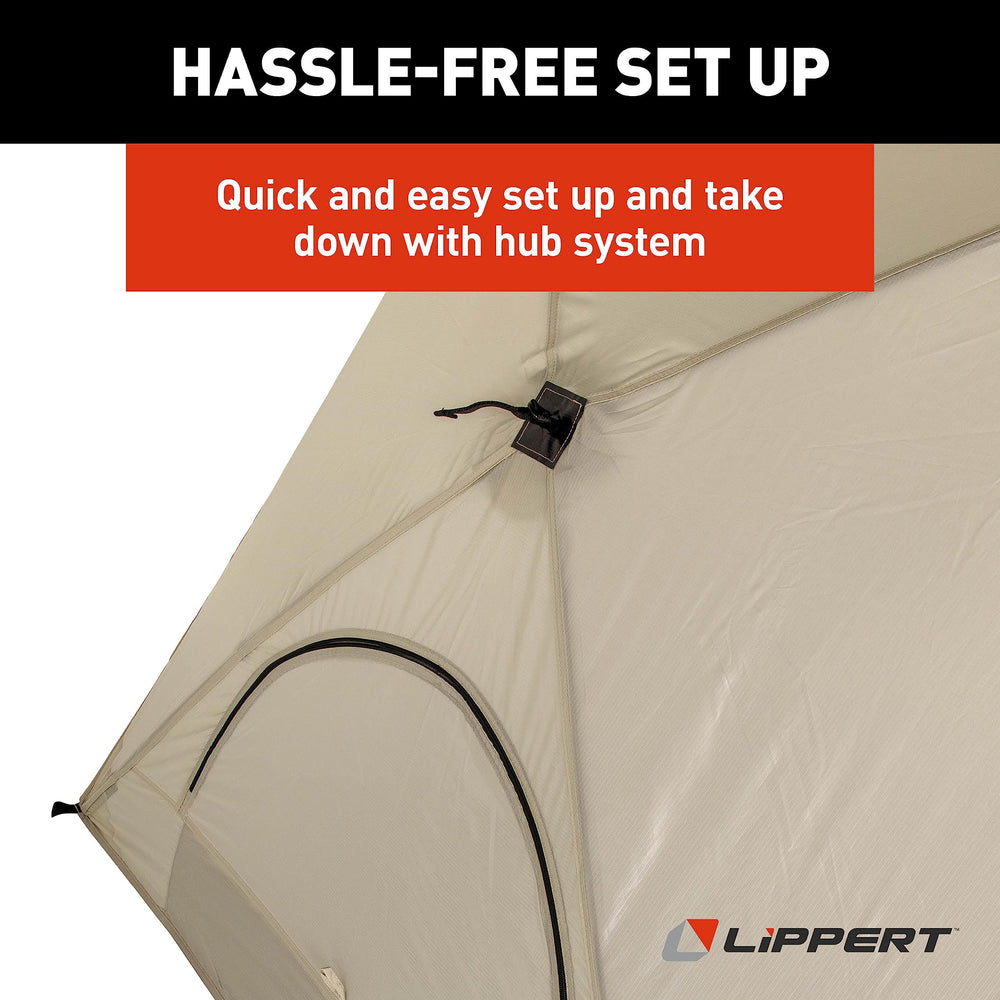 Lippert Picnic popup sun shelter with hub system for fast setup.