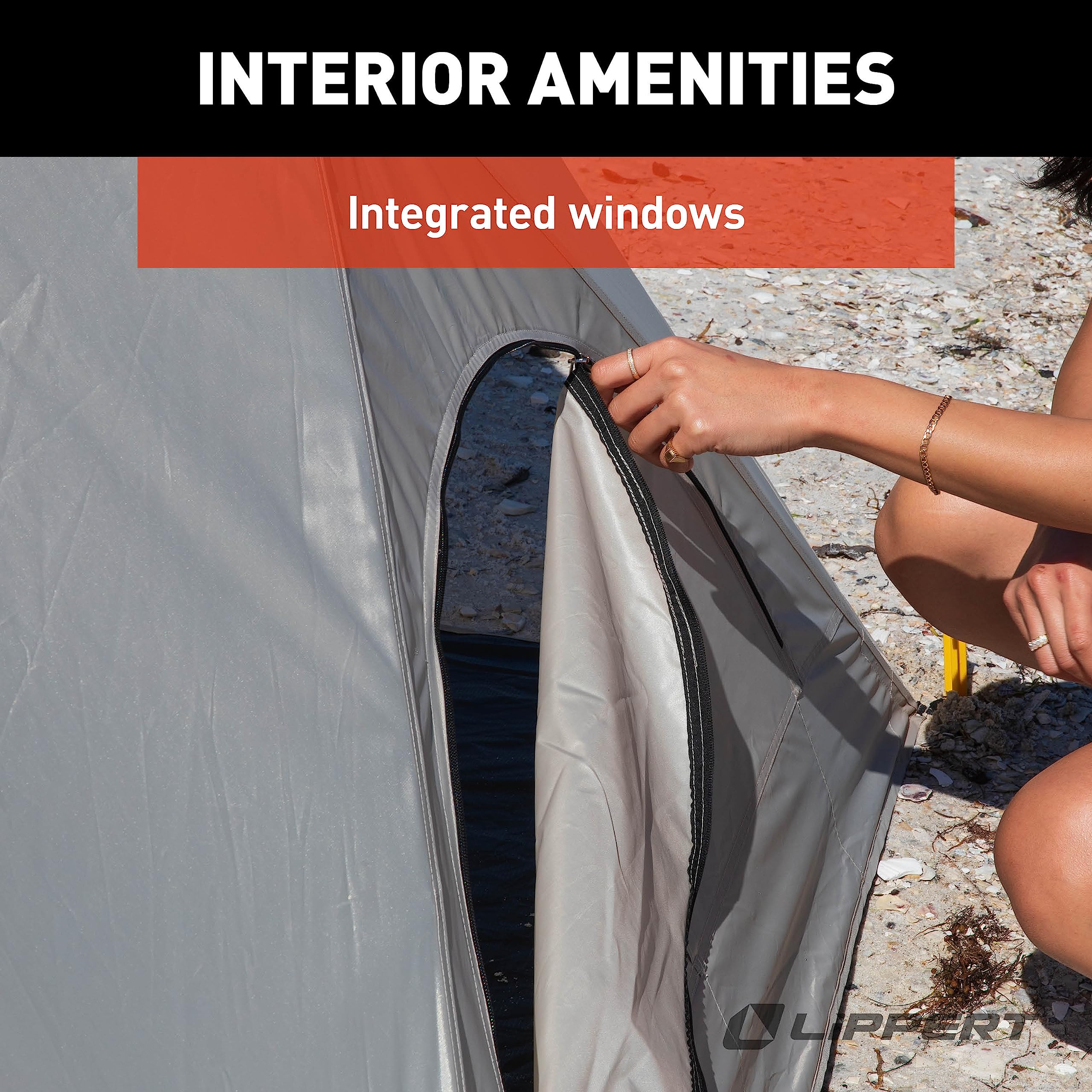 Lippert Picnic popup sun shelter featuring mesh pockets for personal items.