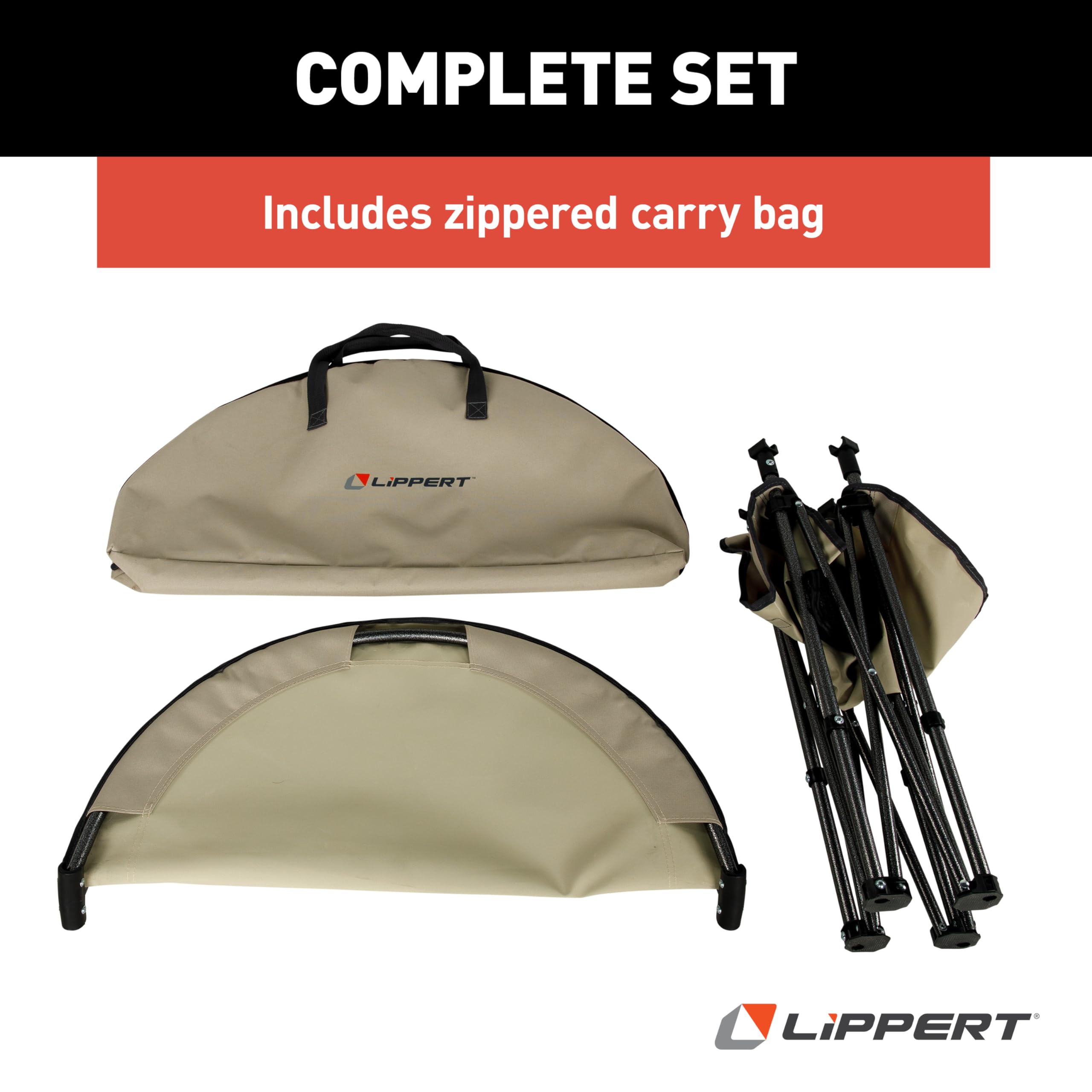 Lippert Sand two-tier table dining setup at a campsite or backyard event.