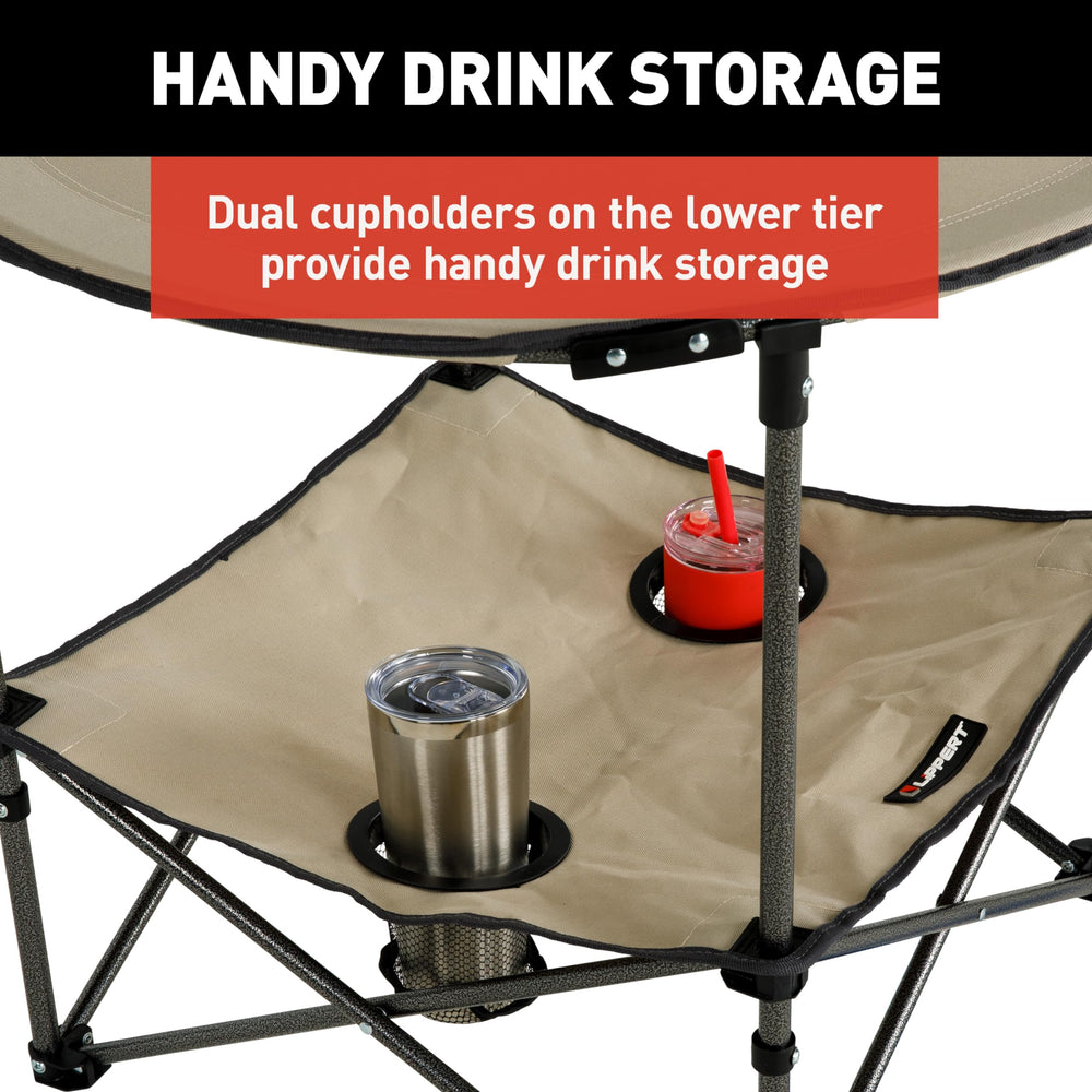 Lippert Sand two-tier table folded compact, ready for easy storage and transport.