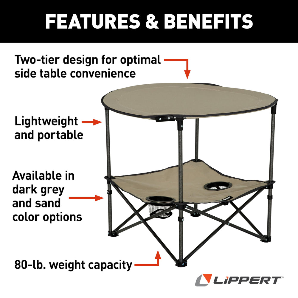 Lippert Sand two-tier table lower cupholders keep beverages secure during outdoor gatherings.