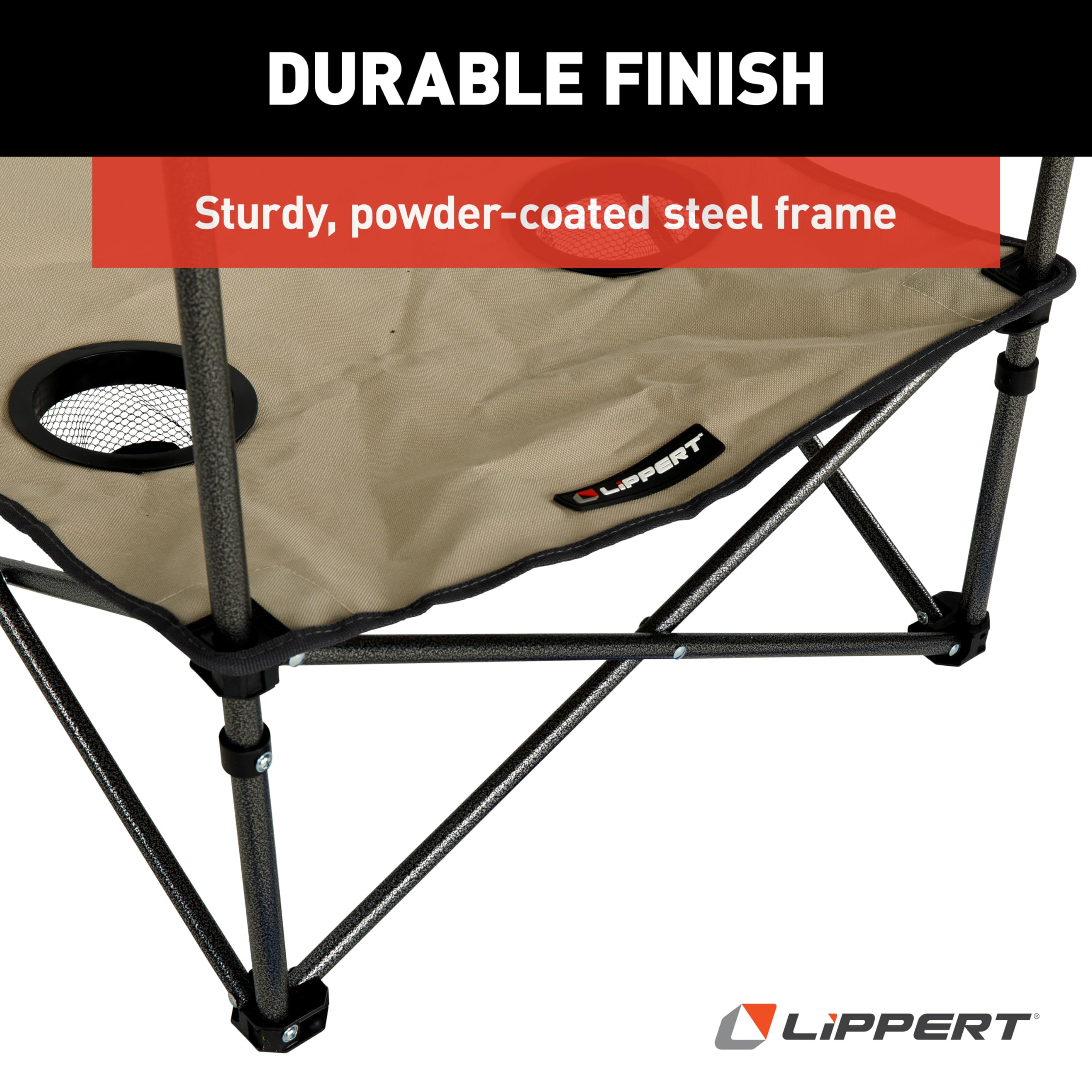 Lippert Sand two-tier table powder-coated steel frame provides stability on uneven ground.