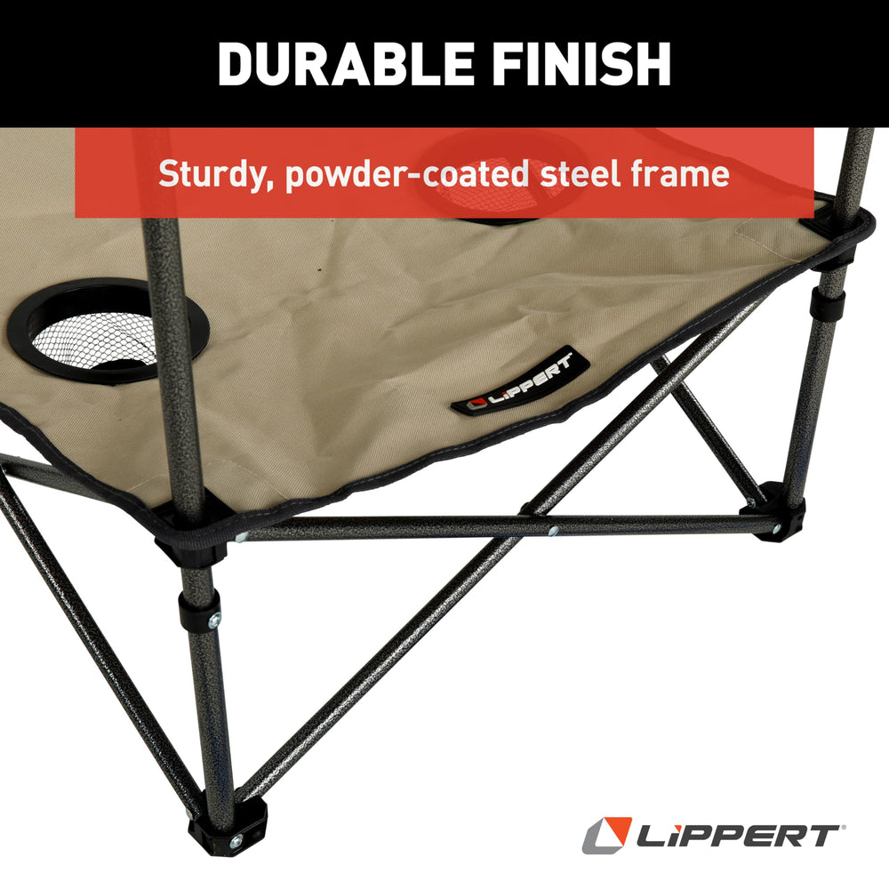 Lippert Sand two-tier table powder-coated steel frame provides stability on uneven ground.