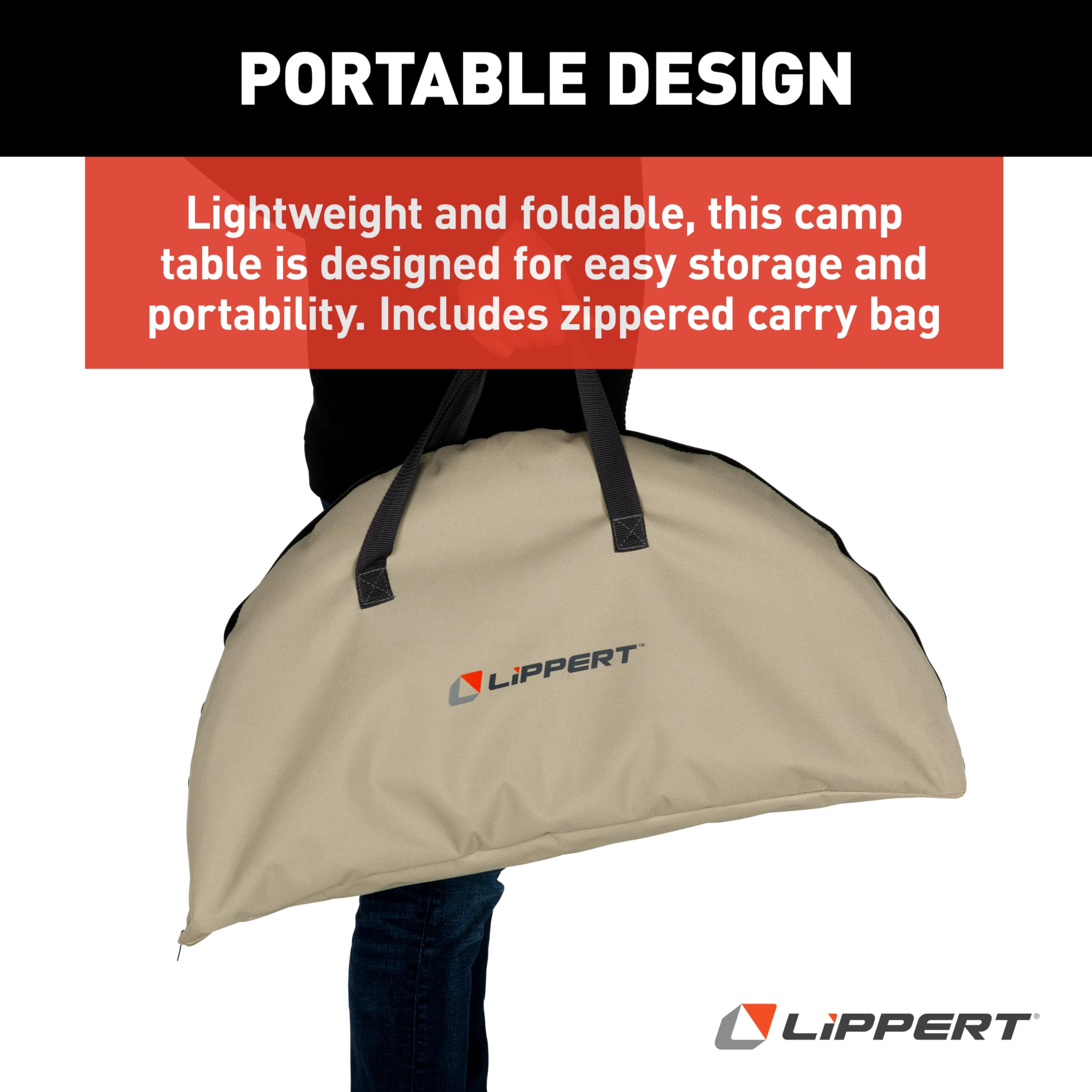Lippert Sand two-tier table with zippered carry bag, simple to carry on trips.