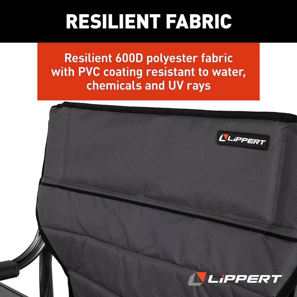 PVC-coated fabric helps resist water and outdoor elements on the Lippert Scout Plus chair.