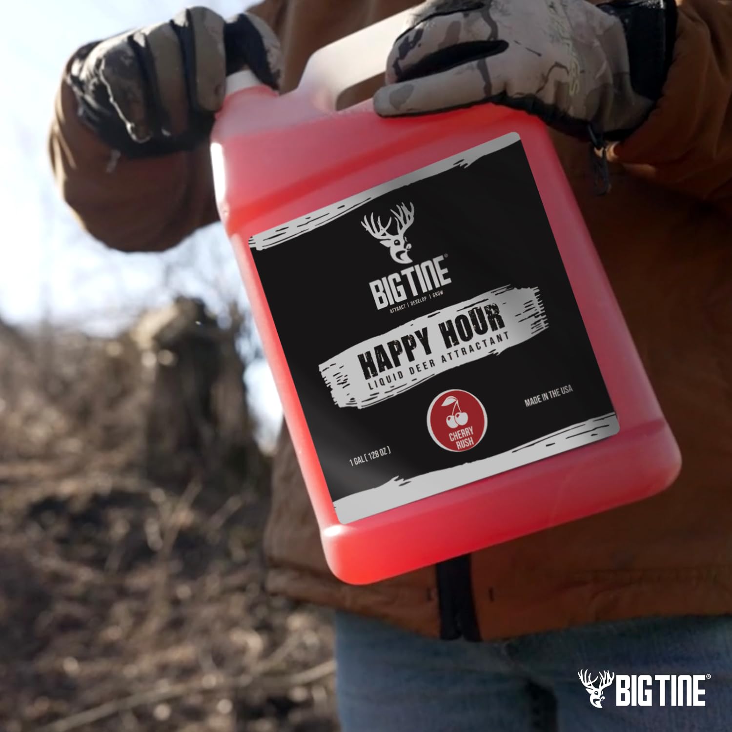 Bottle of Big Tine Happy Hour 1-gallon liquid deer attractant