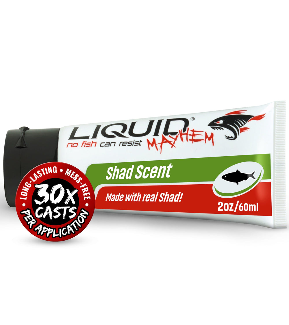 Liquid Mayhem shad attractant gel application dispense demonstrates easy scent release during fishing.